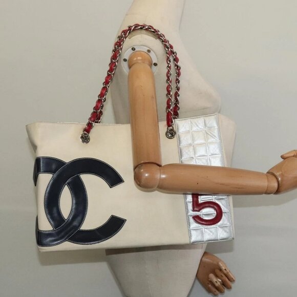 CHANEL Chain Tote Bag No5 Canvas Ivory Silver CC Auth 133727 - Picture 3 of 16